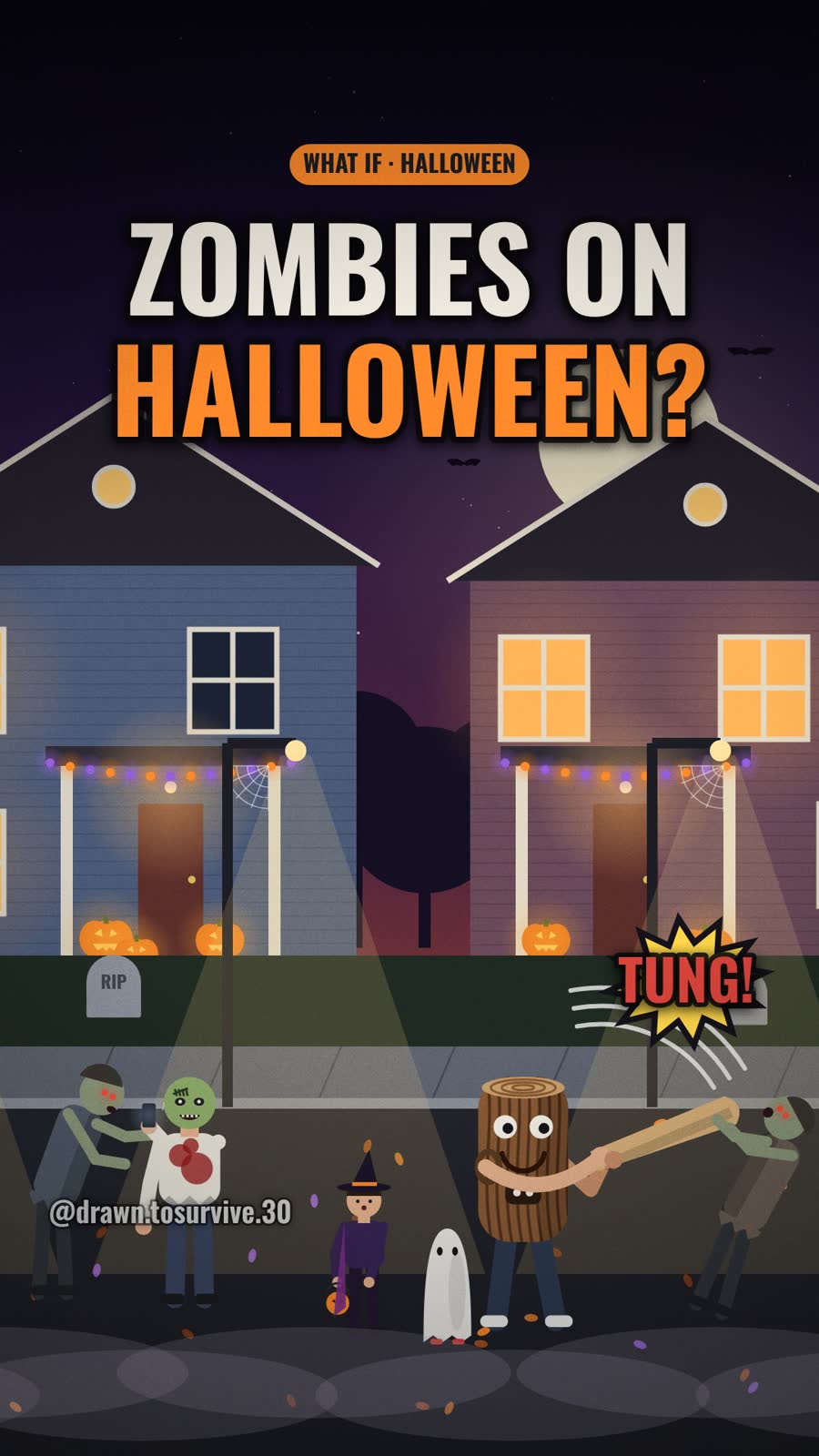 Episode cover: a teenager in a tree-stump costume swings a bat at a zombie, text ZOMBIES ON HALLOWEEN