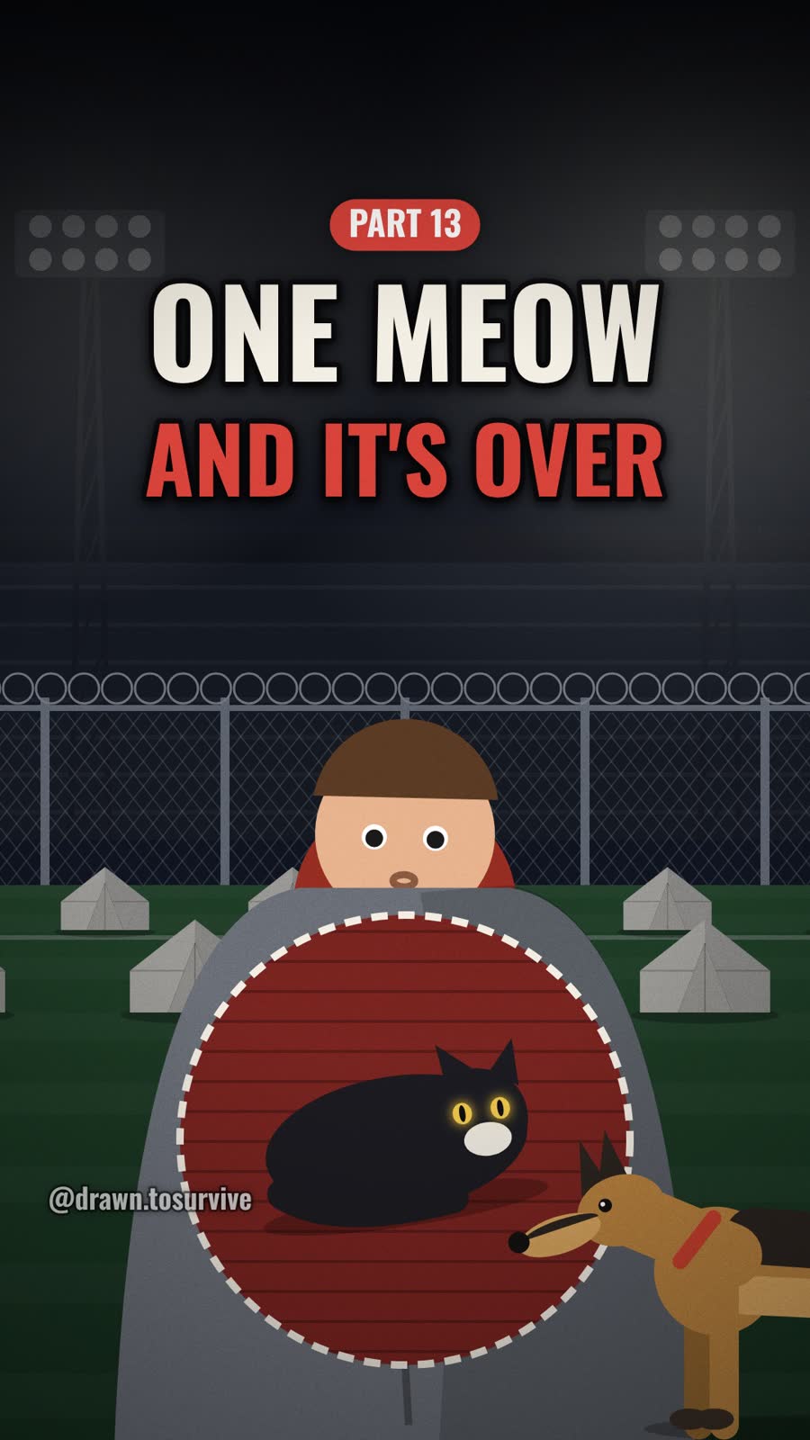 Episode cover: an x-ray of a hoodie shows the cat hiding inside, text ONE MEOW AND IT'S OVER
